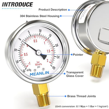 MEANLIN MEASURE -30inHG~30Psi Vacuum Gauge Stainless Steel 1/4" NPT 2" FACE DIAL Waterproof for Air Compressor HVAC Negative Pressure Hand Pump Pool Lower Mount, with 1/2" NPT and 3/8" NPT Hex Bushing - size: -15-30Psi
