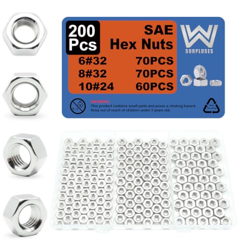 200Pcs #6-32#8-32#10-24 SAE Hex Nuts Kit, 6-32 Nut, 8-32 Nut, 10-24 Nuts - size: SAE #6-32 #8-32 #10-24---200Pcs