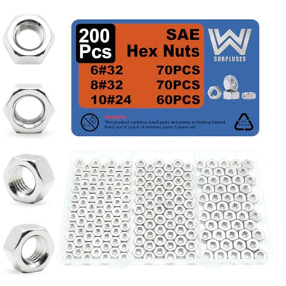 200Pcs #6-32#8-32#10-24 SAE Hex Nuts Kit, 6-32 Nut, 8-32 Nut, 10-24 Nuts - size: SAE #6-32 #8-32 #10-24---200Pcs