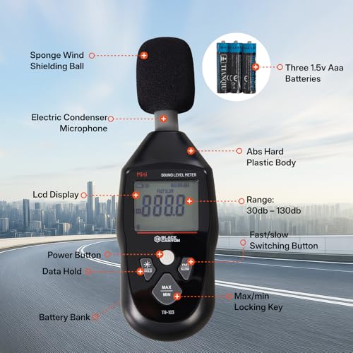 BLACK CANYON Sound Level Meter – Digital DB Meter, Sound Decibel Meter, Decibel Reader, Noise Decibel Reader, 30–130dB, 30Hz–8kHz, A-Weighting,Auto Power-Off, LCD Display (Classic Black)