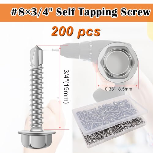 weideer 200pcs #8×3/4" Self Tapping Screws for Metal, 410 Stainless Steel Hex Washer Head Sheet Metal Screws,Quick Tapping Screw with Screwdriver Bit