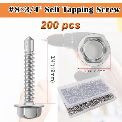 weideer 200pcs #8×3/4" Self Tapping Screws for Metal, 410 Stainless Steel Hex Washer Head Sheet Metal Screws,Quick Tapping Screw with Screwdriver Bit