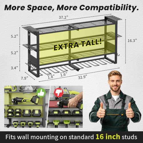 Power Tool Organizer Wall Mount with Charging Station, 8 Drill Holders - size: 32.8" Width 4-Tier