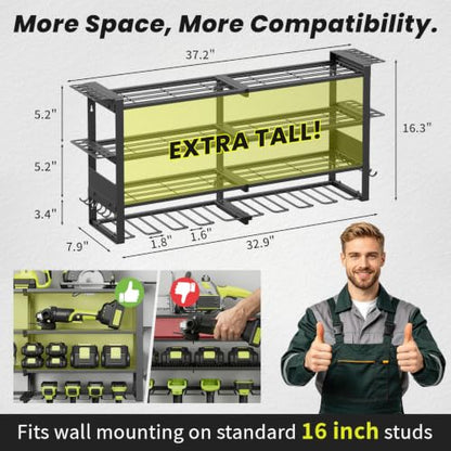 Power Tool Organizer Wall Mount with Charging Station, 8 Drill Holders - size: 32.8" Width 4-Tier