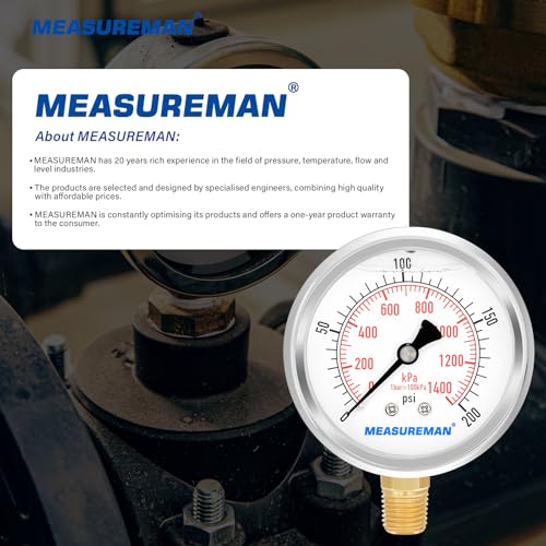 MEASUREMAN 2-1/2inch Dial Size, Liquid Filled Pressure Gauge, 0-200psi/kpa, 304 Stainless Steel Case, 1/4 inchNPT Lower Mount - size: 0-200 psi, style: Lower Mount