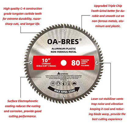 10 Inch 80T Aluminum Non-Ferrous Metal Saw Blade with 5/8-Inch Arbor, Upgrade TCG Grind - size: 10 Inch 80T