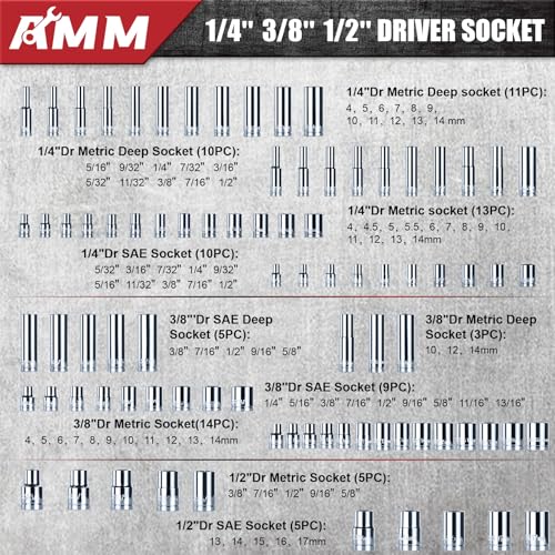 AMM Mechanics Tool Set, 1/4 in, 3/8 in and 1/2 in Drive socket set, 202 Piece