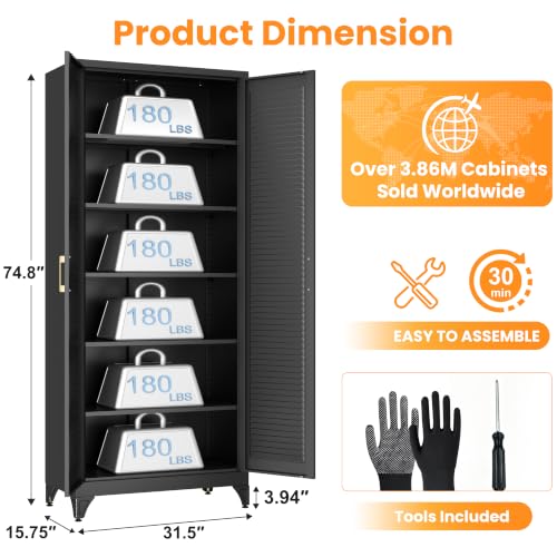 75" Metal Pantry Cabinet,Kitchen Storage Cabinet with Shelves - color: Black, size: 75"H-Louvered