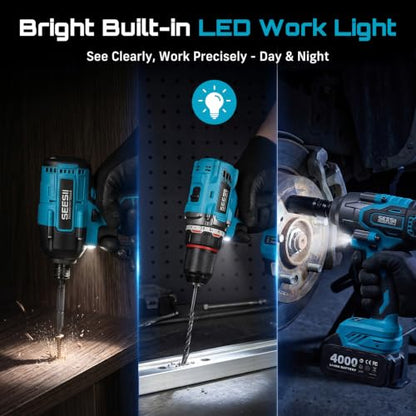 Seesii Impact Wrench Drill Driver,Power Tool Combo Kit For Car Home DIY - color: Light Blue 1000n.m + Two Batteries