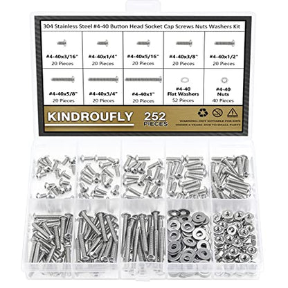 252 Pieces #4-40 x 3/16", 1/4", 5/16", 3/8", 1/2", 5/8", 3/4", 1", Button Head Socket Cap Screws Nuts Washers Assortment Kit, 304 Stainless Steel, Fully Machine Thread - size: #4-40, style: Button Head