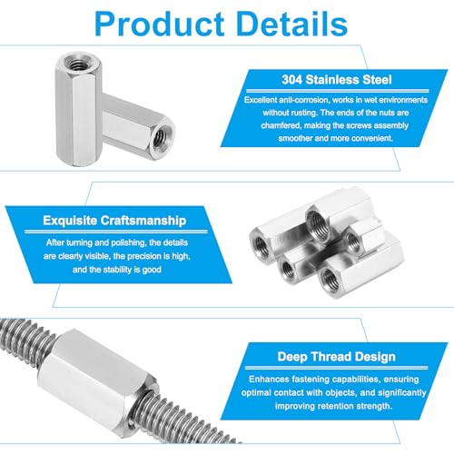 PATIKIL M10x1.25 Pitch 304 Stainless Steel Hex Coupling Nuts, 2 Pcs 25mm / 0.98" Length Fully Threaded Rod Coupling Nut Studding Connector Fasteners, Silver Tone - size: M10-1.25 x 25mm