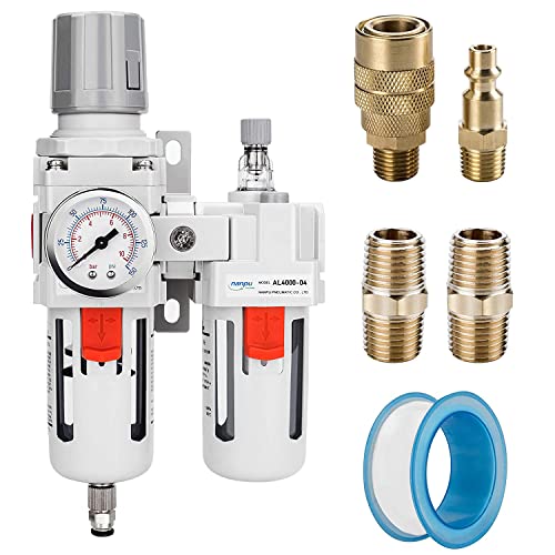 NANPU 1/2" NPT Air Filter Regulator Lubricator Combo, Water Separator - size: 1/2" NPT, style: Semi-Auto Drain, Metal Coupler & Plug