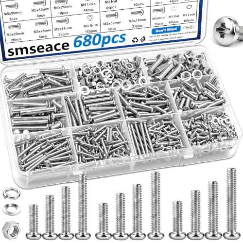 smseace 680Pcs Nuts and Bolts Assortment Kit 27-Sizes M3/M4/M5/M6 Nut Bolt Washer Assortment Kit for Machinery, Furniture, Automotive, Motorcycle Repairs - color: Silver, size: 516Pcs M3-M6