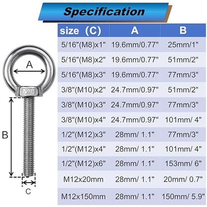 4 Sets M8 Eye Bolts with Nuts, Stainless Steel 5/16" x 2" EyeBolts - size: 5/16"x2"