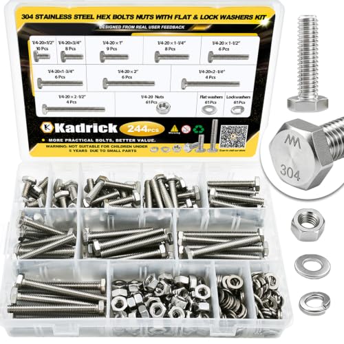 Kadrick 244Pcs 1/4-20 Hex Bolt Assortment, Heavy Duty Bolts and Nuts Kit, Assorted Bolts Nuts Flat&Lock Washers,Lenth Form 1/2'' to 2-1/2'' - size: 244Pcs 1/4-20 Stainless Hex Bolts