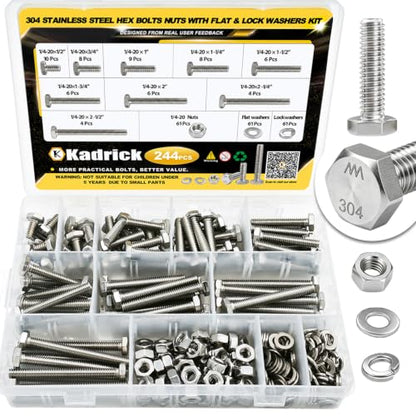 Kadrick 244Pcs 1/4-20 Hex Bolt Assortment, Heavy Duty Bolts and Nuts Kit, Assorted Bolts Nuts Flat&Lock Washers,Lenth Form 1/2'' to 2-1/2'' - size: 244Pcs 1/4-20 Stainless Hex Bolts