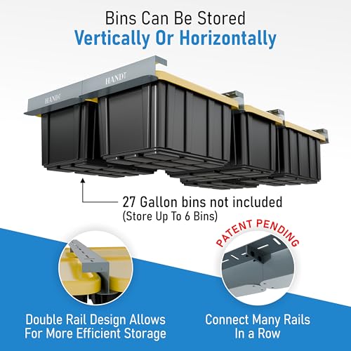 USA Based Overhead Garage Storage Rack, Connectable Heavy Duty Metal Ceiling Rails Garage Storage Organization Shelving System, Hanging Racks Tote Containers, Supports Up To 6 Bins, 4 Sets Gray - color: Gray, size: 6 Bins