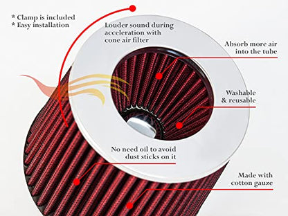 Rtunes Racing 3.5-Inch 89mm Washable Dry Clamp-On Cone Air Filter, Red - size: Standard 3.5"