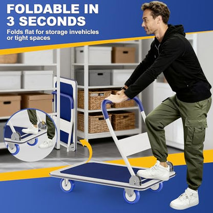 Foldable Push Cart Dolly | 330 lbs. Capacity | Heavy Duty Moving Platform Hand Truck with Swivel Wheels | Small Flatbed Cart | Space Saving Push Handle-Yellow - color: Yellow-330 Lbs. Capacity