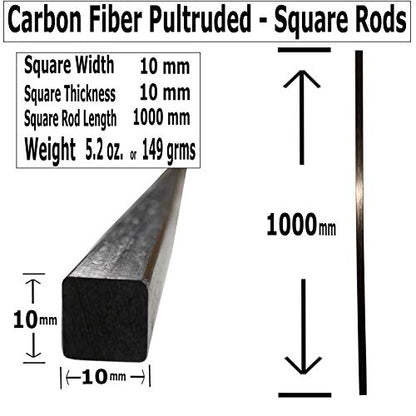 – Square Carbon Fiber Rod - 10mm x 1000mm – Pultruded Square Solid Rod - Black Matte Finish - Pure Solid Carbon Fibre Square Tube shafts - for RC Planes-Drones, Boat DIY Craft Projects