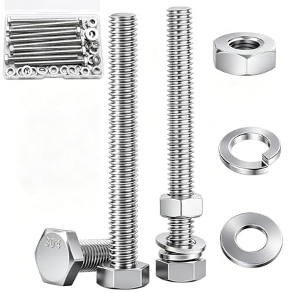 10 Sets1/4-20 × 3" Stainless Steel Hex Head Screws Bolts, Nuts, Flat & Lock Washers,18-8(304) Full Thread - color: Silver-hex, size: 1/4-20×3"(10 sets)