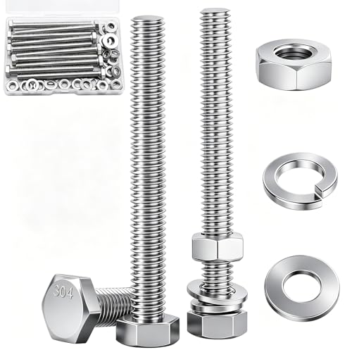 10 Sets1/4-20 × 3" Stainless Steel Hex Head Screws Bolts, Nuts, Flat & Lock Washers,18-8(304) Full Thread - color: Silver-hex, size: 1/4-20×3"(10 sets)