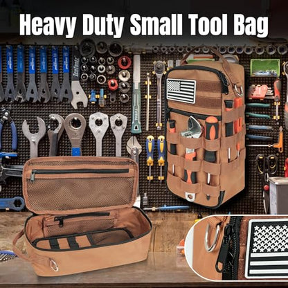 13 Inch Portable Small Tool Bag, Heavy Duty Tool Organizer Bag with Shoulder Strap and D-ring Clip, Tactical Tool Bag, Tool Pouch Bag for Electricians, Carpenters, HVAC Technicians (Brown) - color: Brown