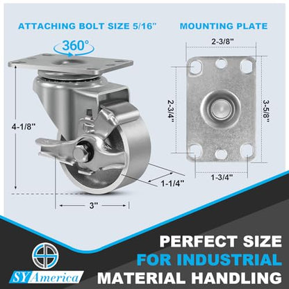 SY America 3" Heavy Duty Casters Set of 4,Cast Iron Semi-Steel Caster Wheels,Metal Industrial Casters,1400 LB Capacity-2 Brake & 2 Swivel - style: 3" Wheel