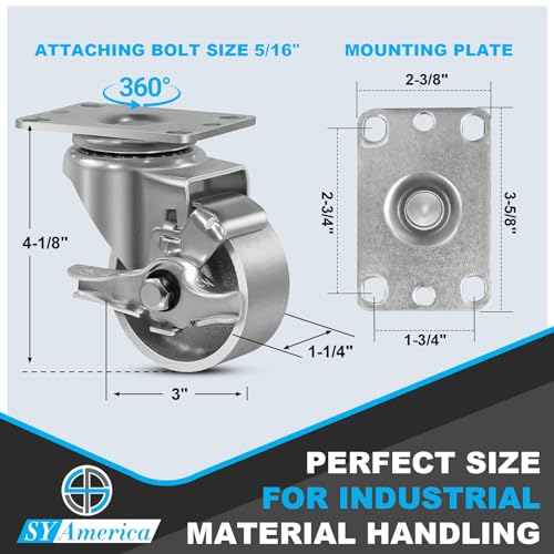 SY America 3" Heavy Duty Casters Set of 4,Cast Iron Semi-Steel Caster Wheels,Metal Industrial Casters,1400 LB Capacity-2 Brake & 2 Swivel - style: 3" Wheel