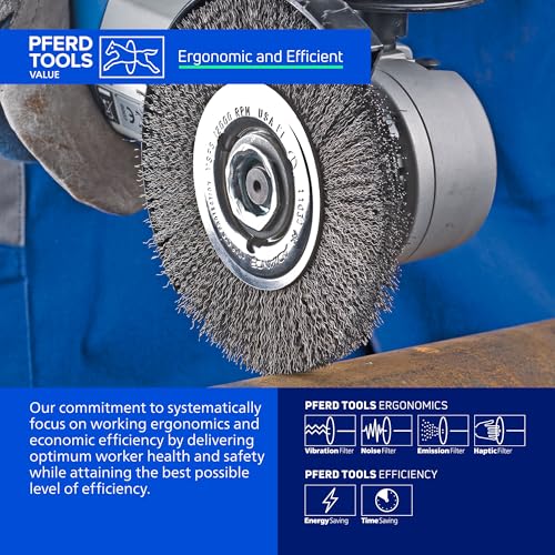 PFERD Crimped Wheel Brush - Brass Wire, 4" Diameter, 5/8-11 Thread, 0.012 Wire Size, 11/16" Trim Length, 1/2" Face Width, 12500 RPM - Ideal for Surface Preparation and Finishing - Part 82367 - size: 4" Diameter