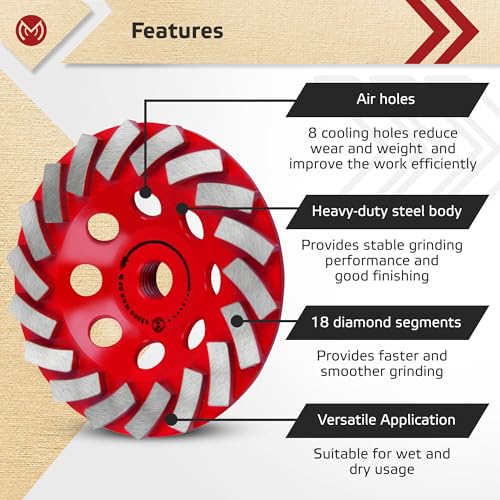 Diamond Grinding Wheel 4 1/2 inch for Angle Grinder, Concrete Grinding Wheel 18 Segments, Cup Grinding Wheel, Turbo Row Diamond Cup Wheel for Grinding Concrete, Cement, Masonry - Medium Bond