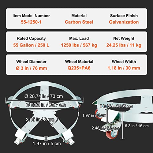 VEVOR 55 Gal Heavy Duty Drum Dolly 1250lbs Load Capacity Barrel Dolly Cart - size: 1 PC, style: 5 Swivel