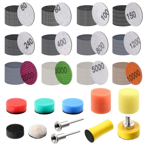 191PCS 1 Inch Sanding Discs Hook and Loop 60 to 10000 Wet Dry Sandpaper Micro Sanding and Polishing Set with 2PCS 1/8" Shank, Backing Pad, Polishing Pads, Foam Pads for Metal Glass Resin Wood