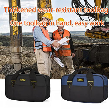 FASTECH 14 Inch Small Tool Bag, Wide Mouth Tool Tote Bag, Waterproof Tool Organizer Bag, Electricians Repairman Tools Tote Bag Double Fabric Storage Bag (Black+Blue) - size: Black+Blue