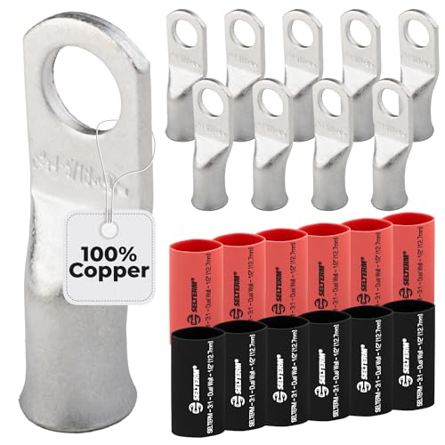 SELTERM 10pcs, 4 Awg, 5/16" Stud Marine Grade Tinned Copper Battery Lugs - color: Tinned Copper Lugs + Heat Shrinks, size: 4 Awg - 5/16" (M8) Ring