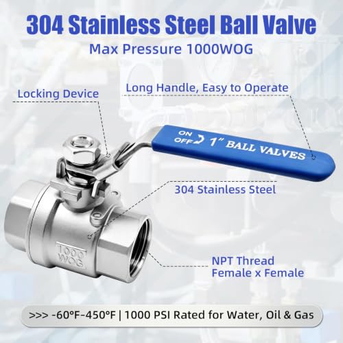4 Pack 1" NPT Ball Valves, 304 Stainless Steel High Flow Full Port Valve, NPT Female Shut Off Valve with Locking Handle, 1000 WOG for Water, Oil & Gas Transfer - size: 1inch