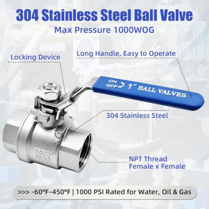 4 Pack 1" NPT Ball Valves, 304 Stainless Steel High Flow Full Port Valve, NPT Female Shut Off Valve with Locking Handle, 1000 WOG for Water, Oil & Gas Transfer - size: 1inch