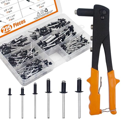 ISPINNER 225pcs Black Aluminum Blind Rivets Assortment Kit with Heavy Duty Hand Riveter Rivet Gun Tool, 6 Sizes Pop Rivets with Divider & Labeled Case