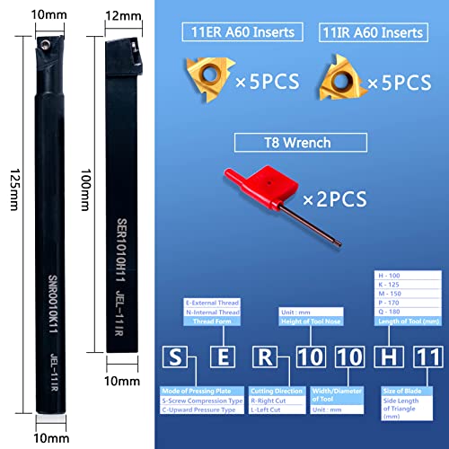 Lathe Turning Holders Threading Tool - Metal Lathe Cutting Tools 1/2" External SER1010H11+3/8" Internal SNR0010K11 Turning Holders with Indexable Carbide Inserts 10pcs Golden for Lathe Tools - color: 2pcs 3/8" boring bars+10pcs inserts