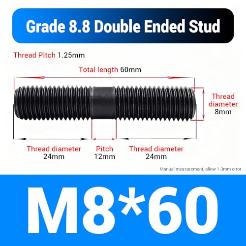 45pcs M8*60mm Double End Threaded Stud, Grade 8.8 Carbon Steel Black Oxide Finish Equal Long Threaded Rod Bar for Furniture Industrial Maintenance Connection Fasteners - size: M8*60-45PCS