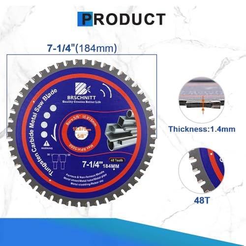 7-1/4" Metal Cutting Circular Saw Blade - BRSCHNITT 1pcs Tungsten Carbide Tipped TCT Saw Blades for Iron, Iron Pipe, Ferrous Metals 48T Arbor:5/8" - size: 184MM（7-1/4"）