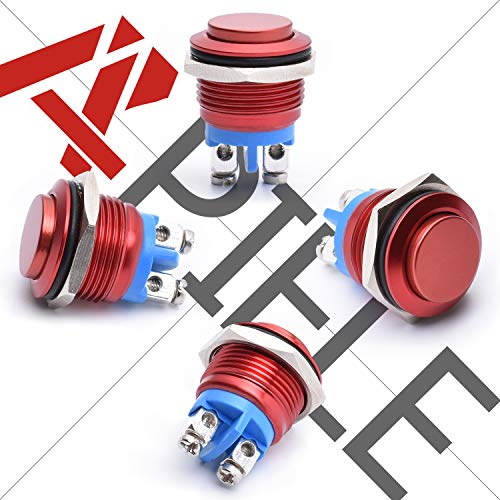 APIELE 16MM Momentary Push Button Switch 16mm Momentary Push Button Switch High Round Cap Waterproof Aluminum Shell High Flush Screw Terminals 250V AC 5A 12V 36V DC 2A 1NO SPST (5pcs Red) - color: 5 PCS Red, size: 16mm