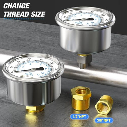 MEANLIN MEASURE 0~160Psi Dry Pressure Gauge Stainless Steel 1/4" NPT 2" FACE DIAL Waterproof for Air Compressor RV Regulator Water Pressure Tester Black Mount, with 1/2" NPT and 3/8" NPT Hex Bushing - size: 0-160Psi