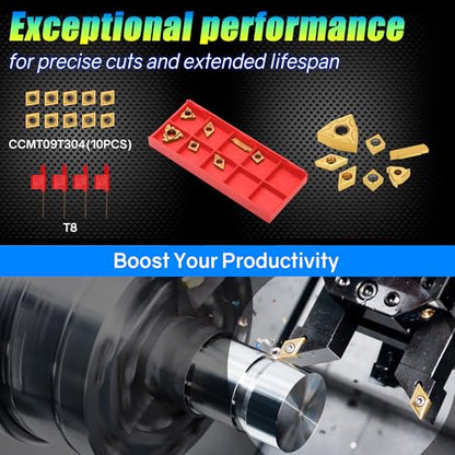 Indexable Lathe Turning Tool 1/2" 12mm Shank 14PCS Kit, 4PCS Metal Lathe Tools Holder 10PCS CCMT09T304 Carbide Insert for Turning Boring Grooving, SCMCN1212H09/SCLCL1212H09/SCLCR1212H09/S12M-SCLCR09 - style: 4pcs 1/2'' 12mm 09Shanks+10pcs Inserts