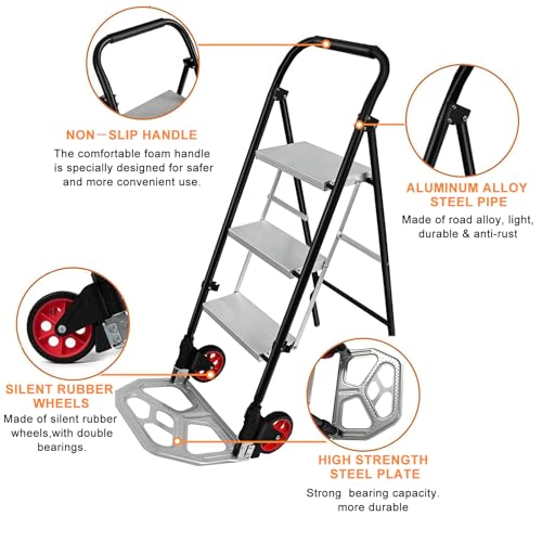NUNET 2-in-1 Hand Truck Step Ladder - Foldable Dolly Cart 330lbs
