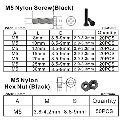 Metric M5 Nylon Phillips Pan Head Screws Nuts Flat Washers Assortment Kit (Black-M5) - color: Black-M5