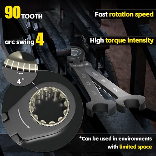 KJE 90-Teeth SAE 180° Flex-Head Ratcheting Wrench Set, Cr-V Steel, 11-Piece SAE 1/4"-3/4" Combination Wrenches set, Nickel Plating, with Organizer Bag, for Auto, Machine Repair, Gift - size: 11PCS SAE 6.35 - 19.05 mm
