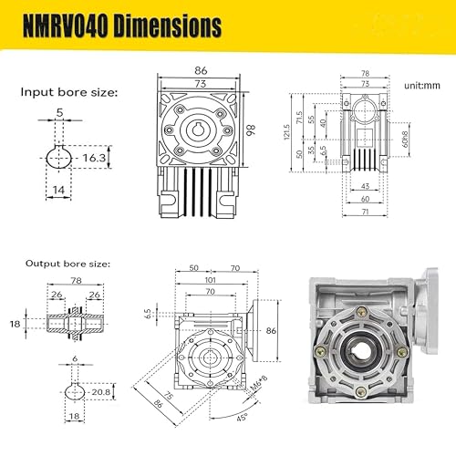 NMRV040 Worm Gear Gearbox, Input 14mm, Output 18mm, 20:1 - size: 20:1