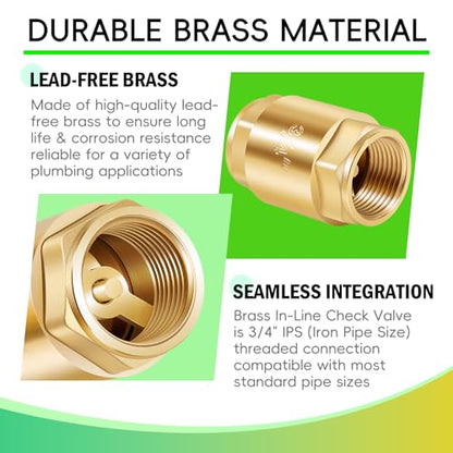 Brass In-Line Check Valve 3/4 Inch FNTP, One Way Water Hose Check Valve