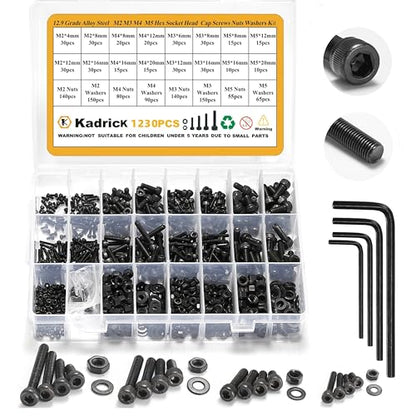 Kadrick M2 M3 M4 M5 Screws Nuts and Washers Assortment, Grade 12.9 Alloy Steel, Hex Socket Head Cap Metric Bolts and Nuts Kit, Black Zinc Palted,Anti Rust Upgrade - size: M2-M5 1230Pcs